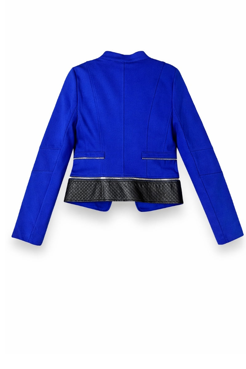 Blue jacket with black trim on a white background