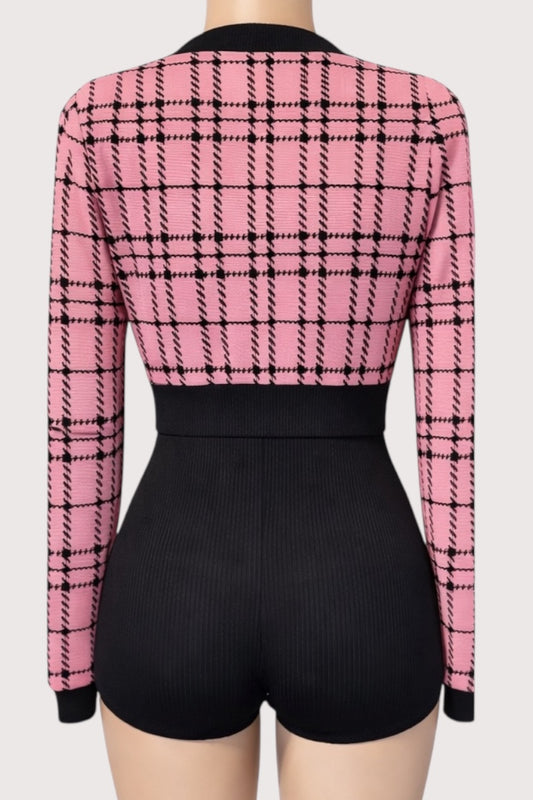 Ribbed Romper W/ Plaid Sweater Set