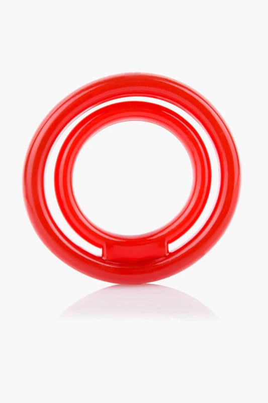 Red circular object on a white background