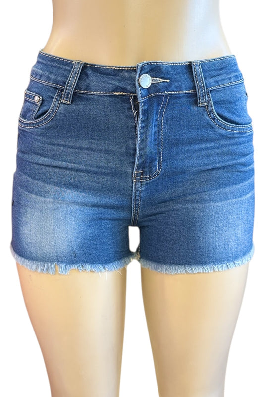 Blue denim shorts on a mannequin with a white background