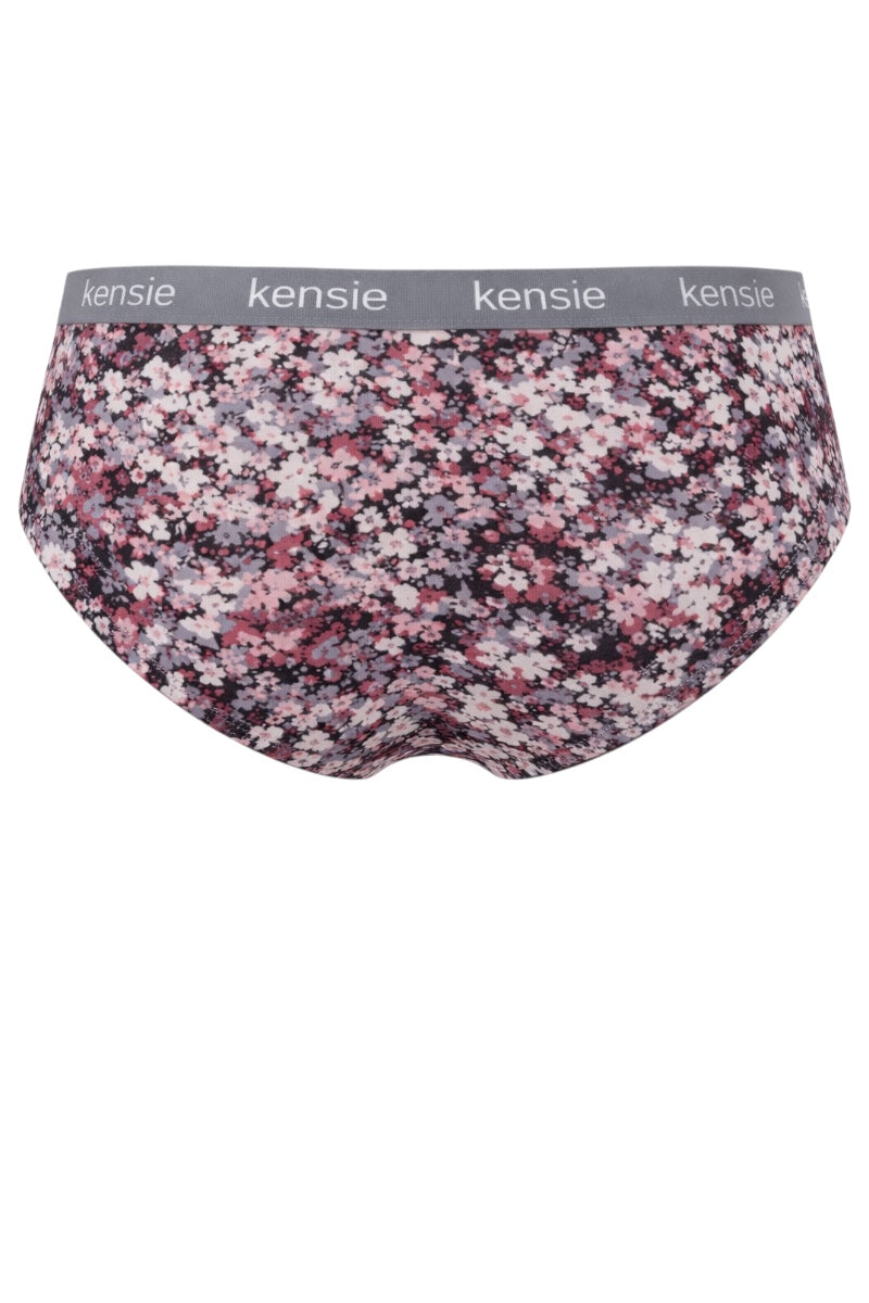 Floral-patterned underwear with 'kensie' waistband on a white background