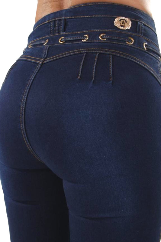 Navy blue jeans with a brand logo on the waistband against a white background