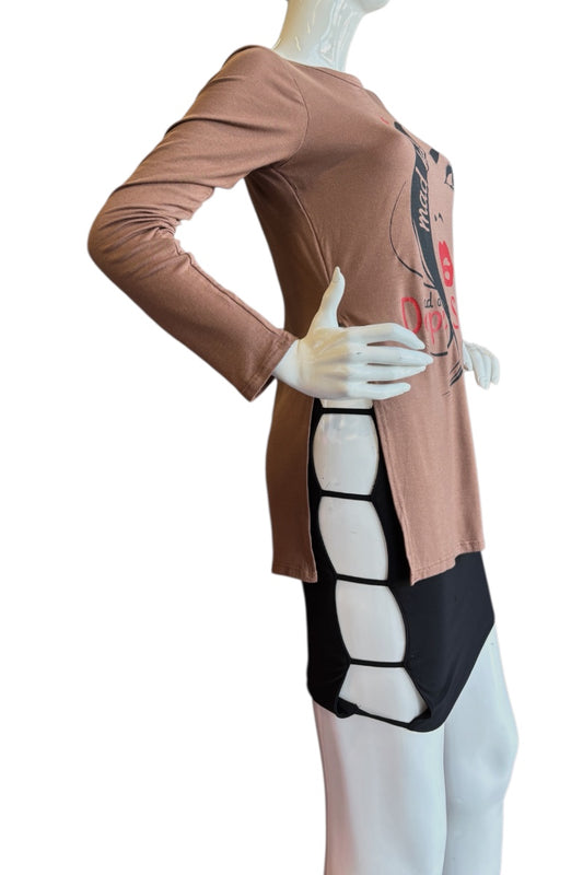 Mannequin wearing a brown top with a black skirt on a white background