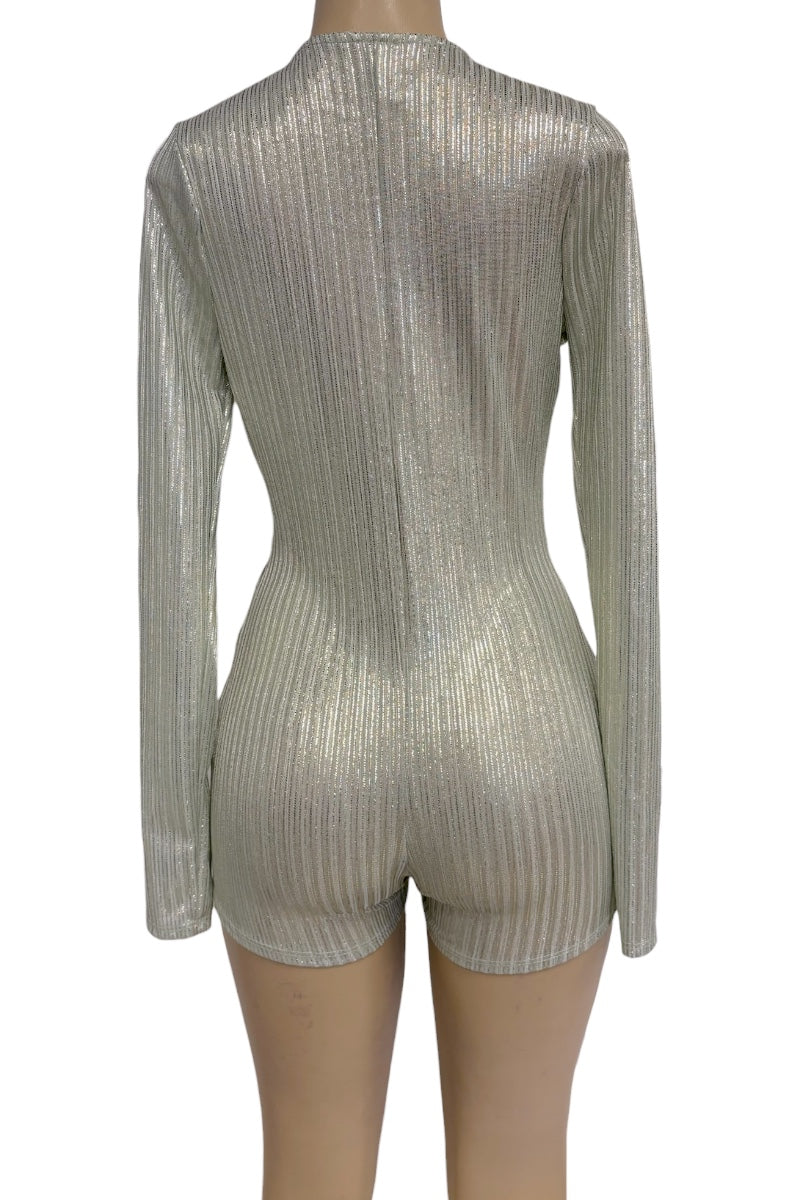 A metallic ribbed long-sleeve romper with matching shorts, shown from the back on a mannequin against a white background.