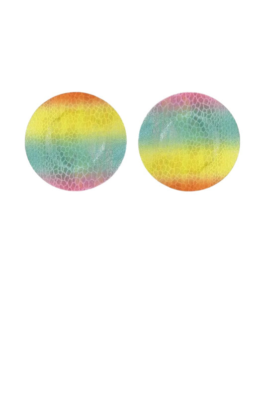 Pair of round pasties with a multicolored pattern on a white background