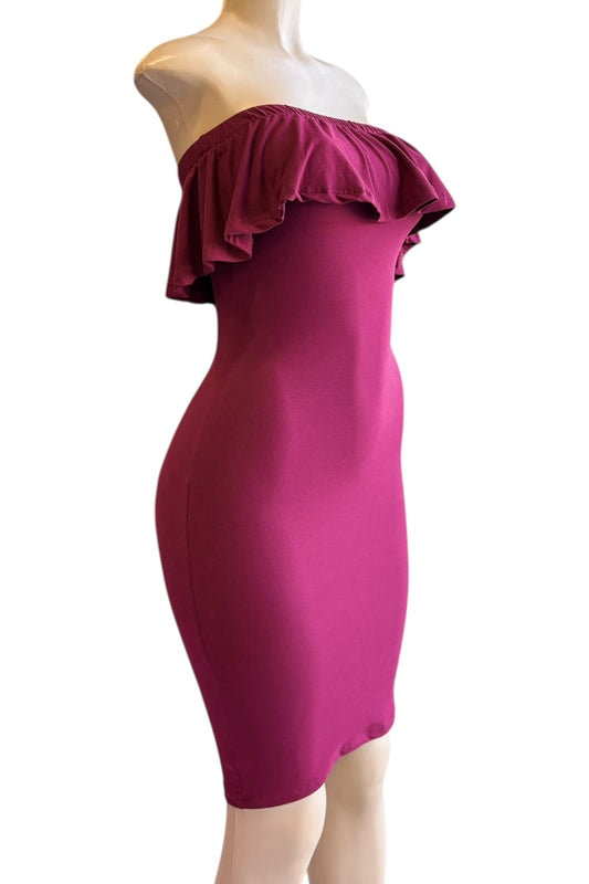 Burgundy off-shoulder dress on a mannequin against a white background