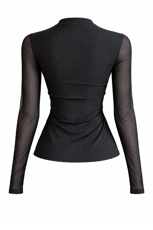 Black long-sleeve top with mesh sleeves on a white background