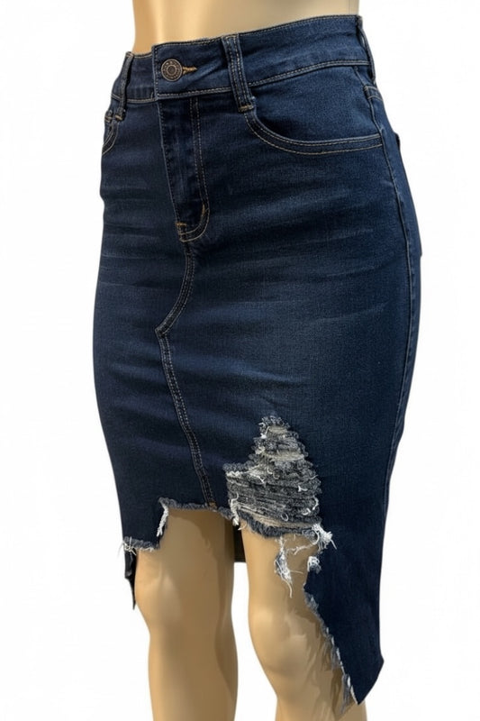 Denim skirt with distressed details on a white background