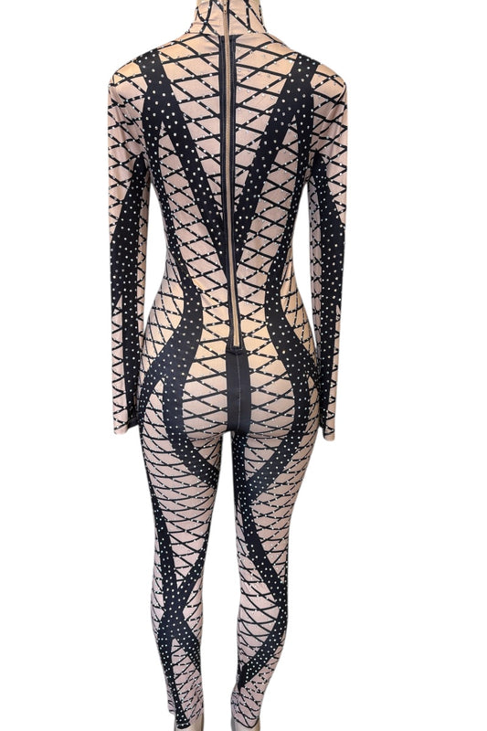 Black and white patterned bodysuit on a mannequin against a white background