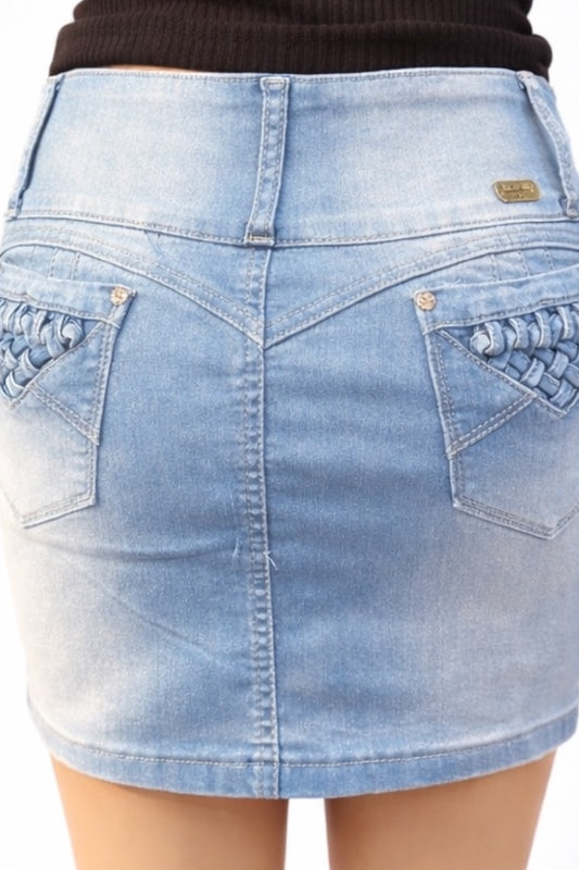 Light blue denim skirt with decorative stitching on a white background