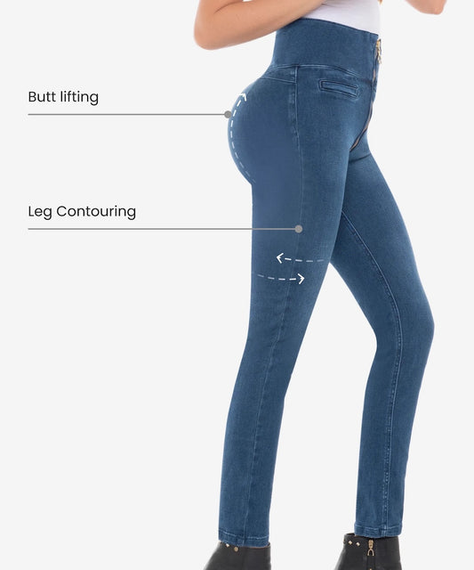Blue jeans with text indicating butt lifting and leg contouring effects on a white background