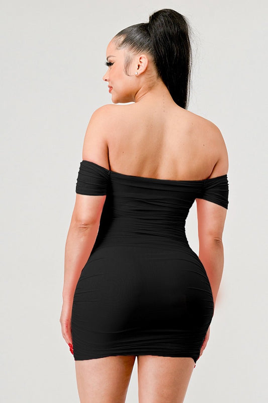 U Shaped Neck Ruched Off Shoulder Dress - Black