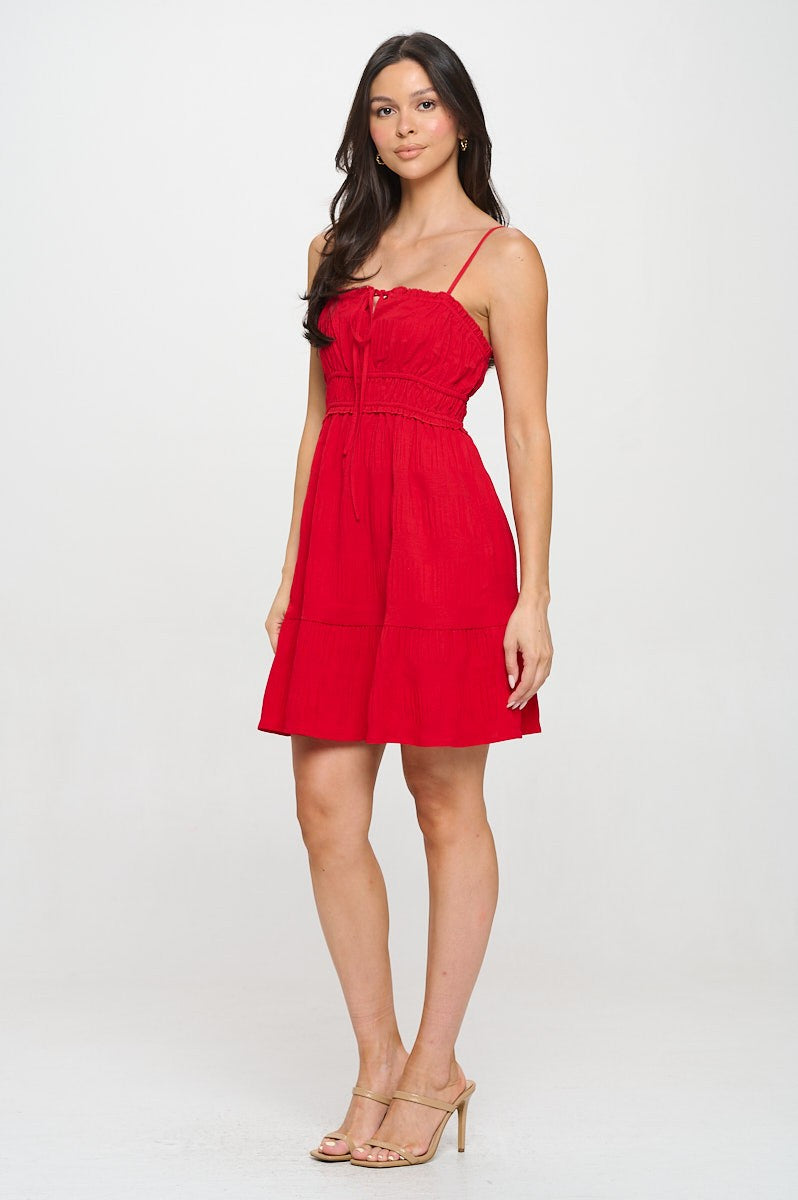 Crinkle Smocked Fabric Front Tied Mini Dress