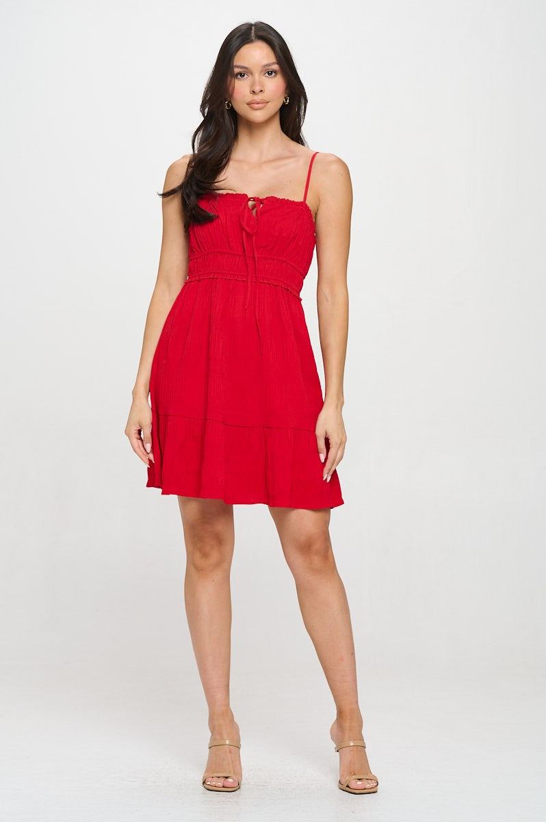 Crinkle Smocked Fabric Front Tied Mini Dress