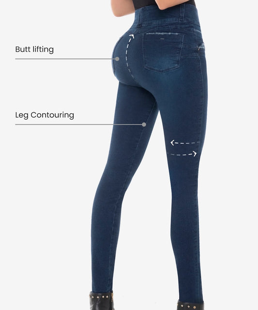 Blue jeans with labeled butt lifting and leg contouring effects on a white background