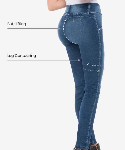 Blue jeans with text labels 'Butt lifting' and 'Leg Contouring' on a white background
