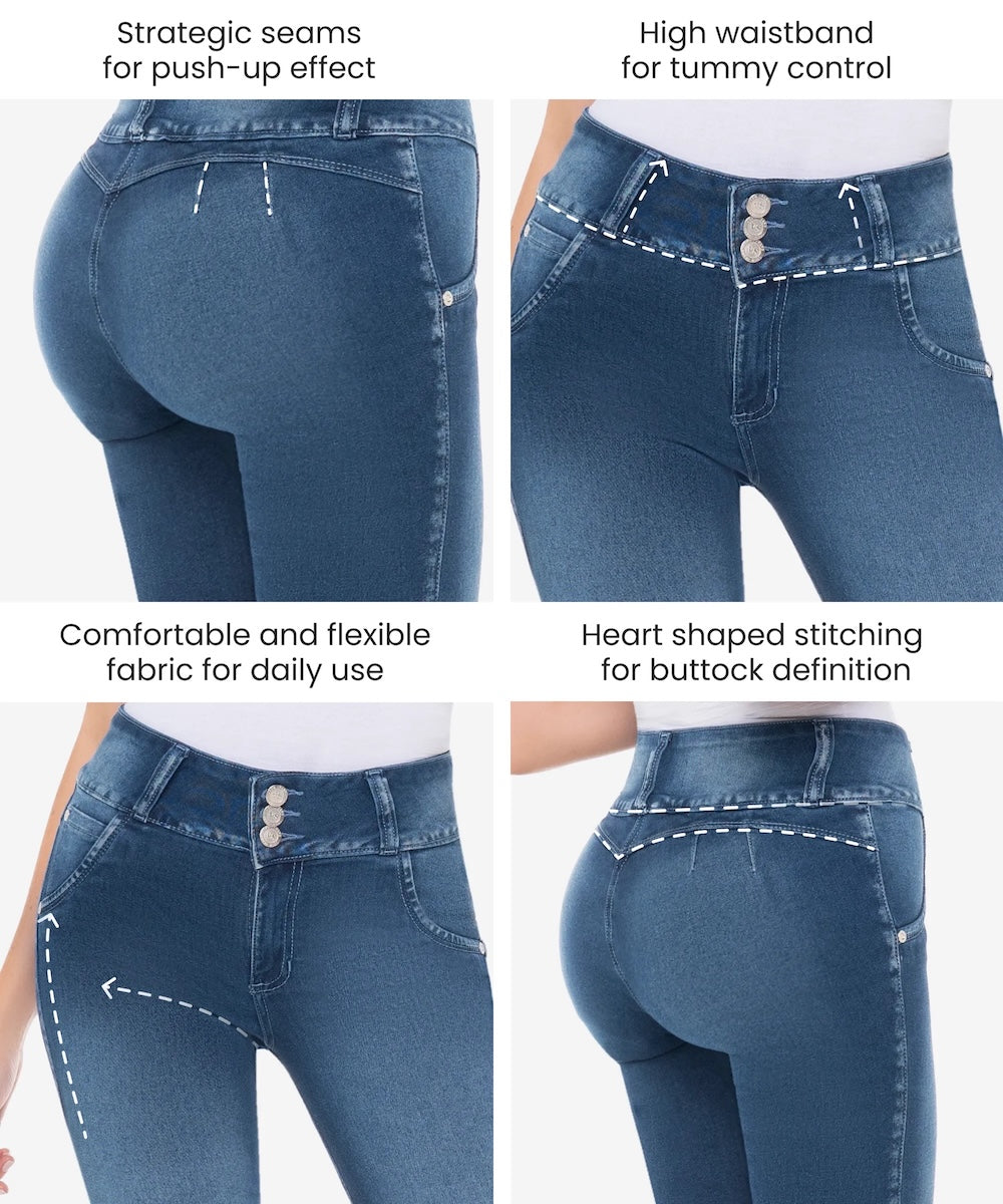 Blue jeans with text highlighting features like push-up effect, waistband control, fabric comfort, and stitching design.