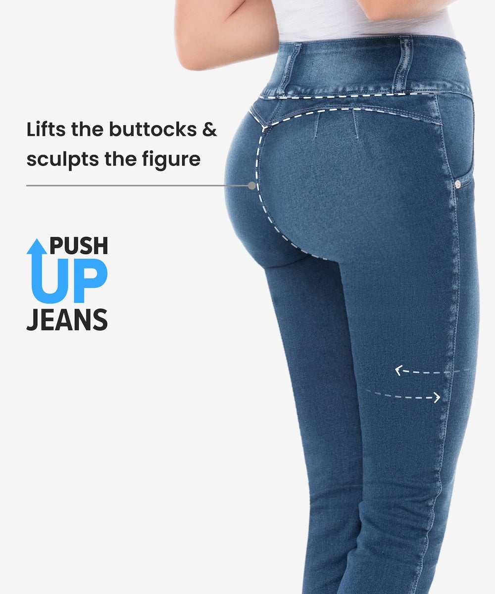 Blue push-up jeans being worn on a white background with text highlighting features.
