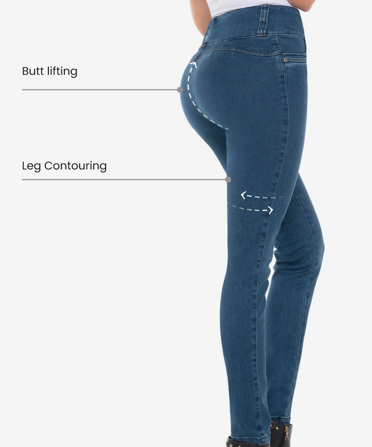Blue jeans with text labels 'Butt lifting' and 'Leg Contouring' on a white background