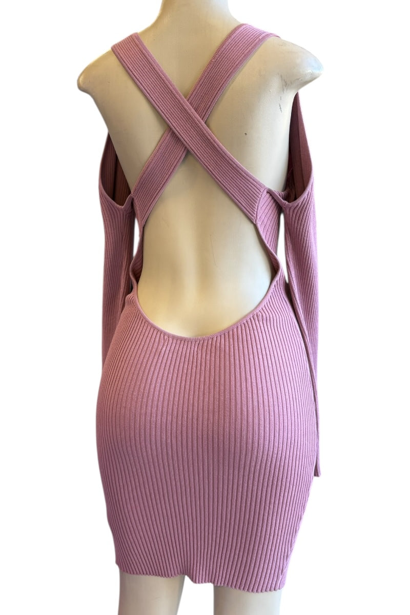 Mauve ribbed dress with open back on a mannequin against a white background