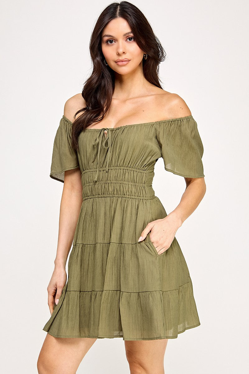 Solid Open Back Tiered Mini Dress - Olive