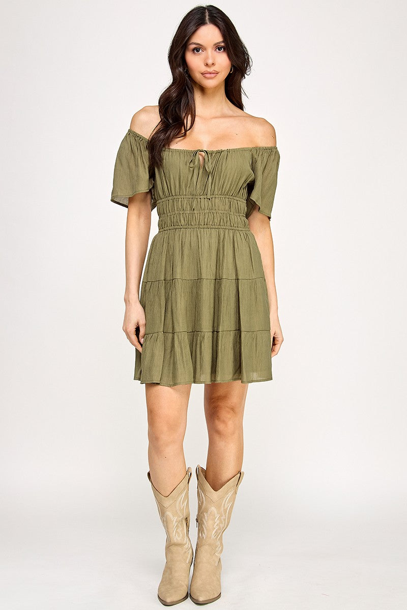 Solid Open Back Tiered Mini Dress - Olive
