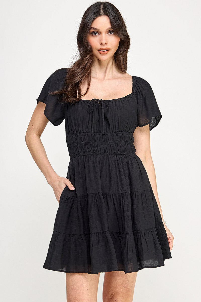 Solid Open Back Tiered Mini Dress - Black
