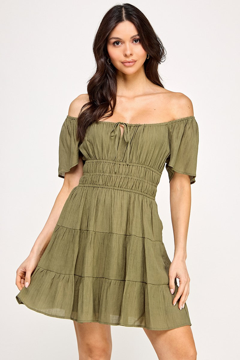 Solid Open Back Tiered Mini Dress - Olive