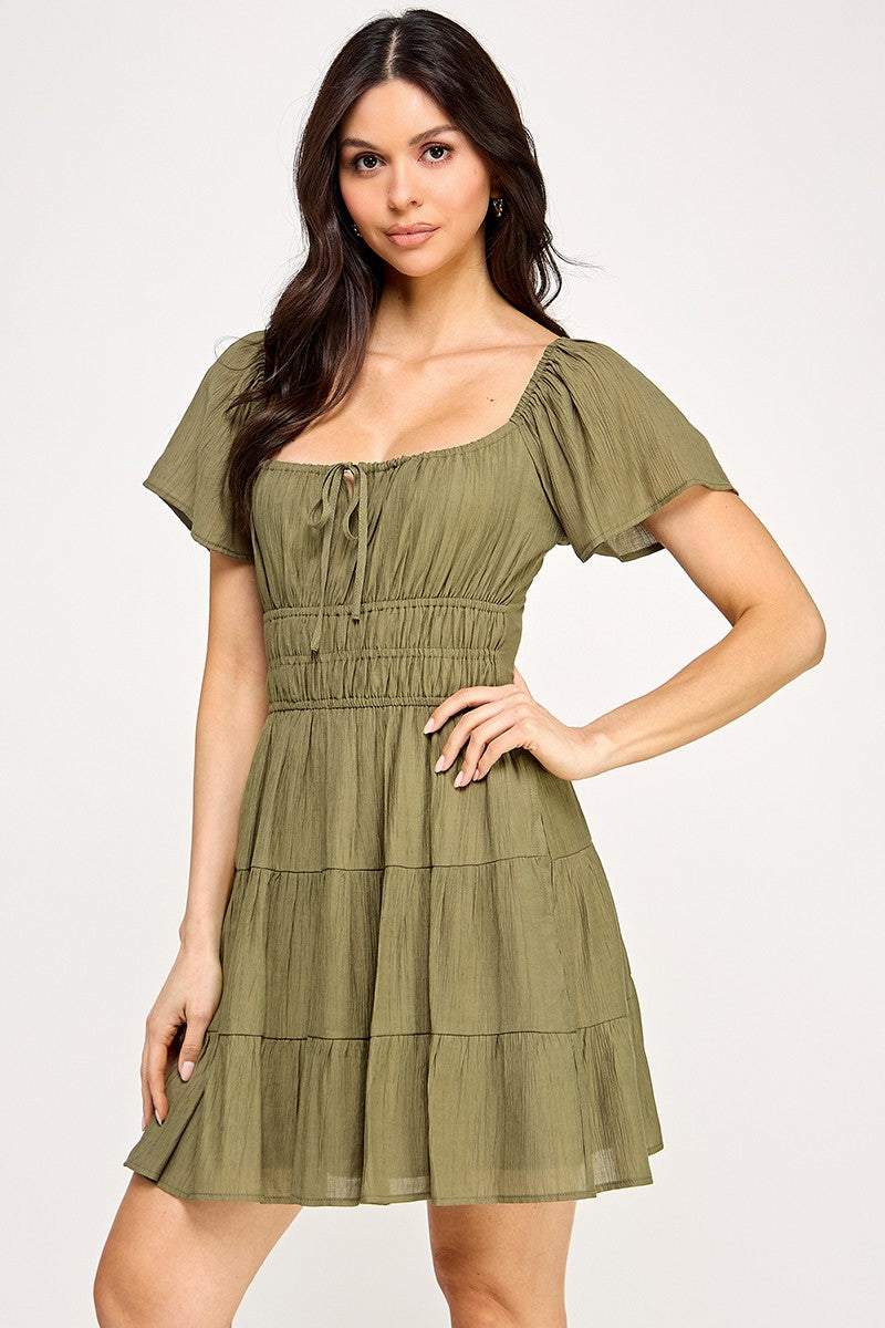 Solid Open Back Tiered Mini Dress - Olive