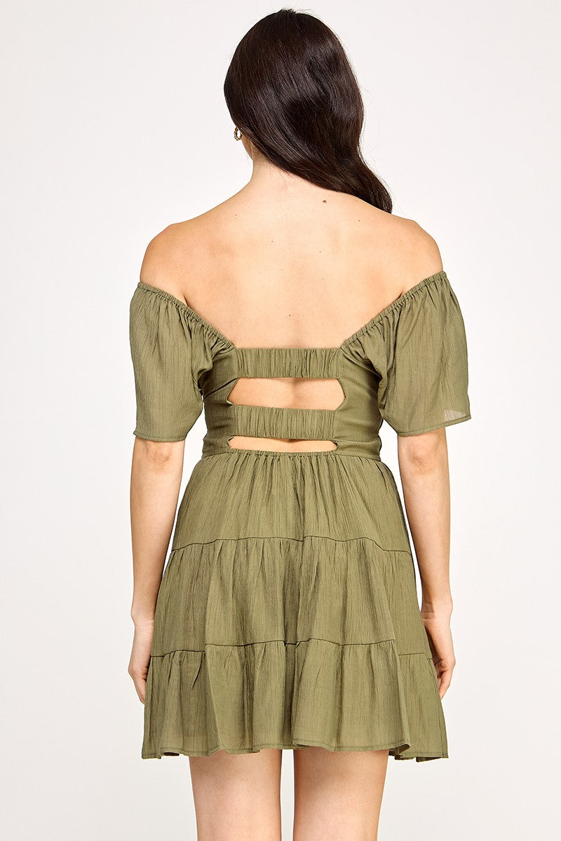 Solid Open Back Tiered Mini Dress - Olive