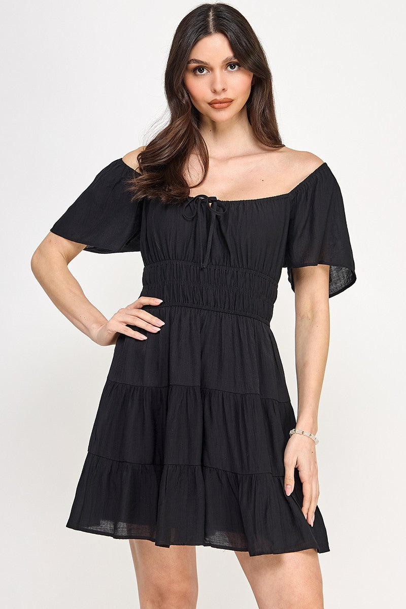 Solid Open Back Tiered Mini Dress - Black
