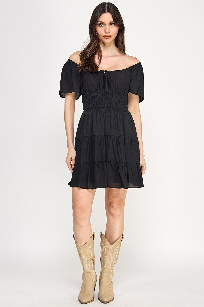 Solid Open Back Tiered Mini Dress - Black