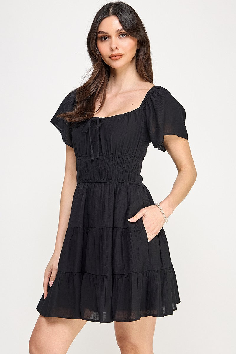 Solid Open Back Tiered Mini Dress - Black