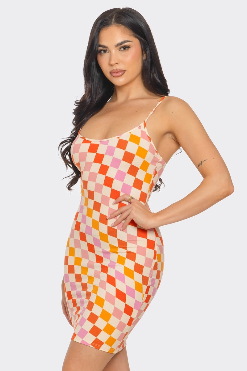 Sleeveless Multi Color Checkered Print Mini Dress