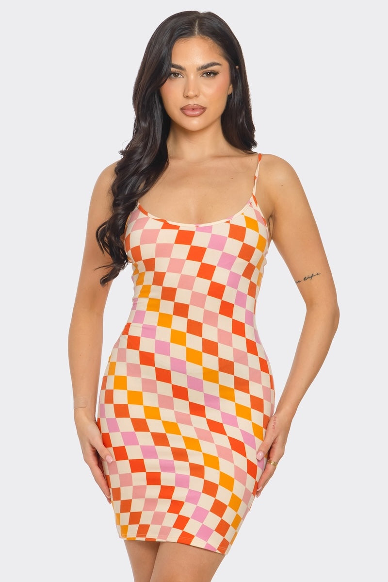 Sleeveless Multi Color Checkered Print Mini Dress