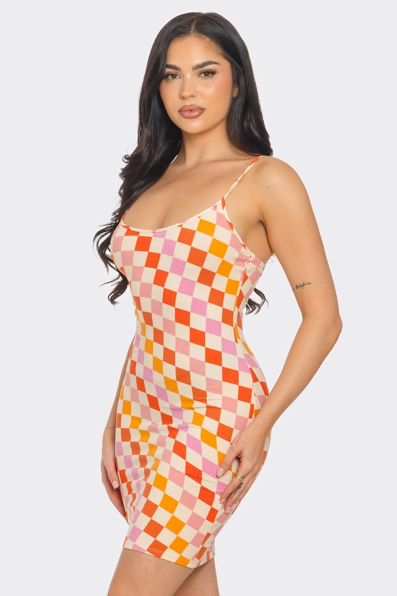 Sleeveless Multi Color Checkered Print Mini Dress