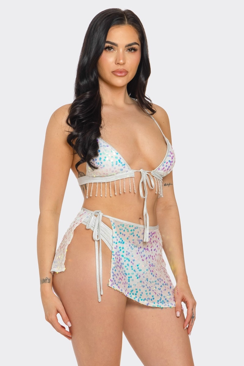 Bikini Top And Over Sequin Skirt Set - Ivory