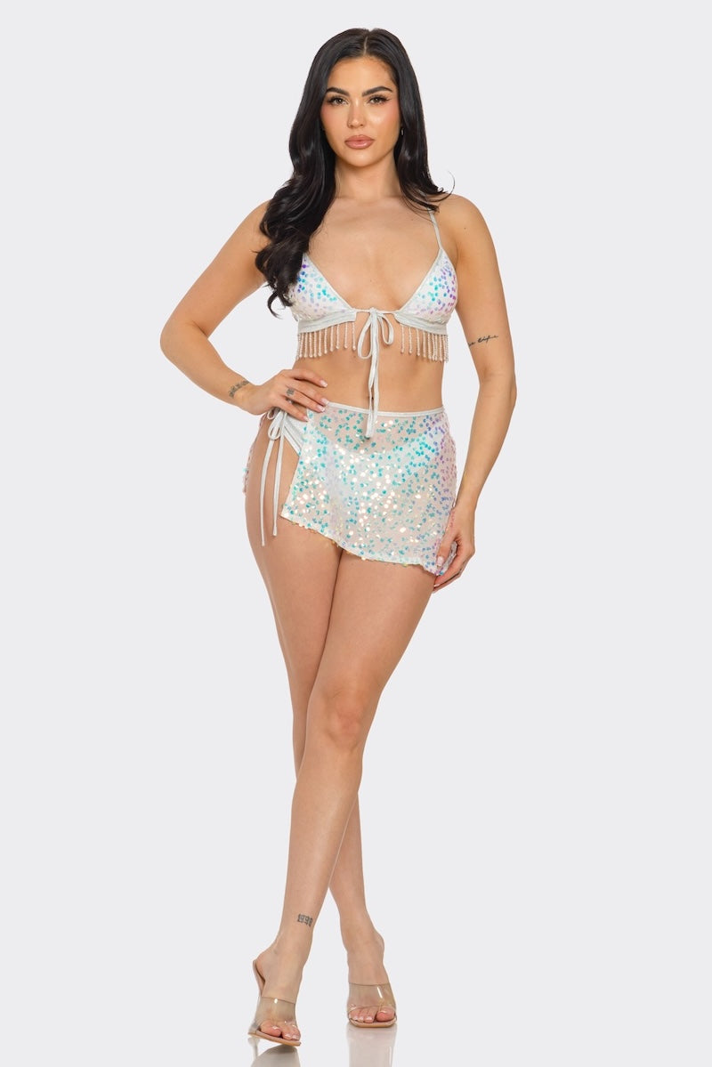 Bikini Top And Over Sequin Skirt Set - Ivory