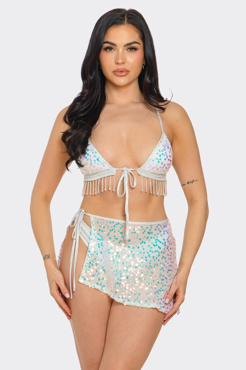 Bikini Top And Over Sequin Skirt Set - Ivory