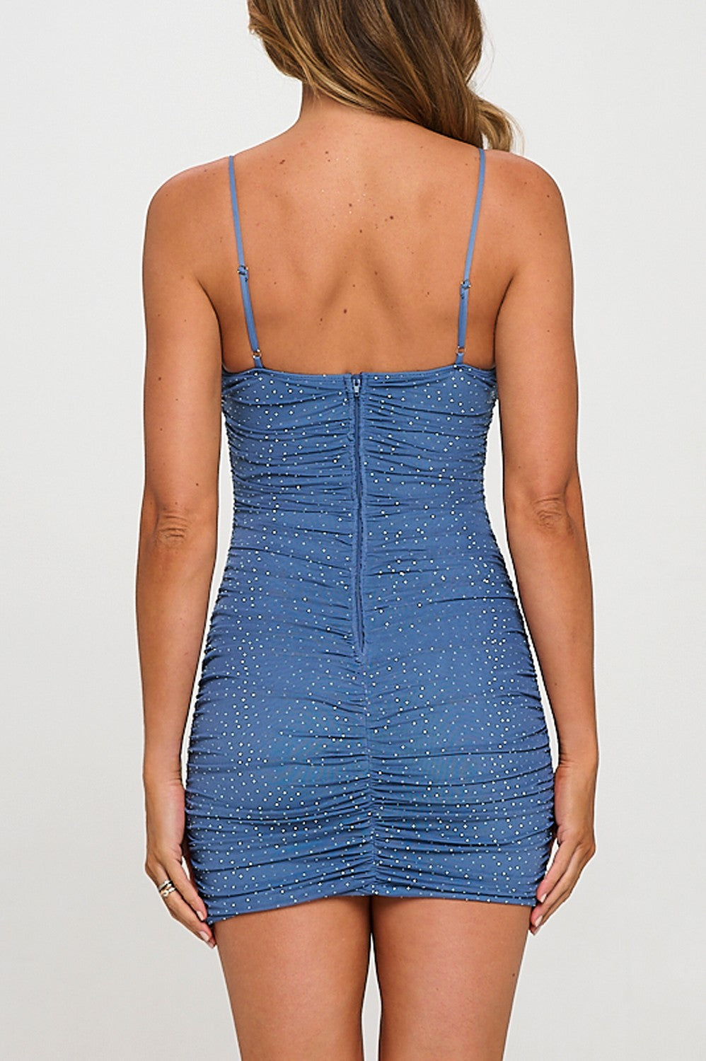 Blue Studded Plunging Neckline Ruched Mini Dress