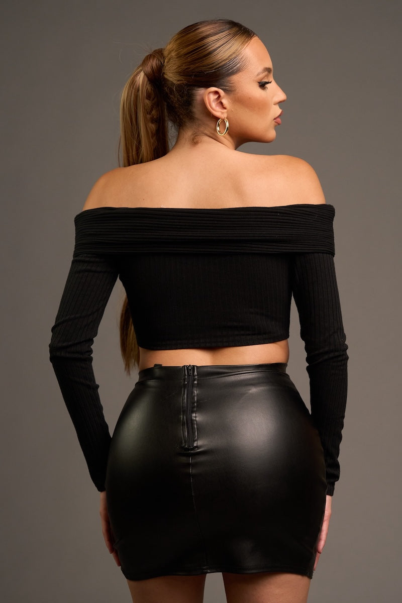 Chic Rib Knit Drawstring Lace Up Off Shoulder Top - Black