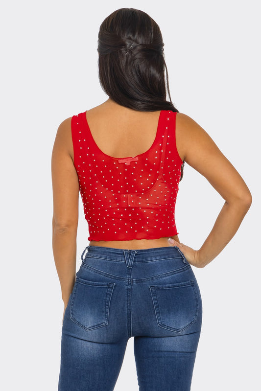 Sleeveless Sheer Mesh Rhinestone Crop Top
