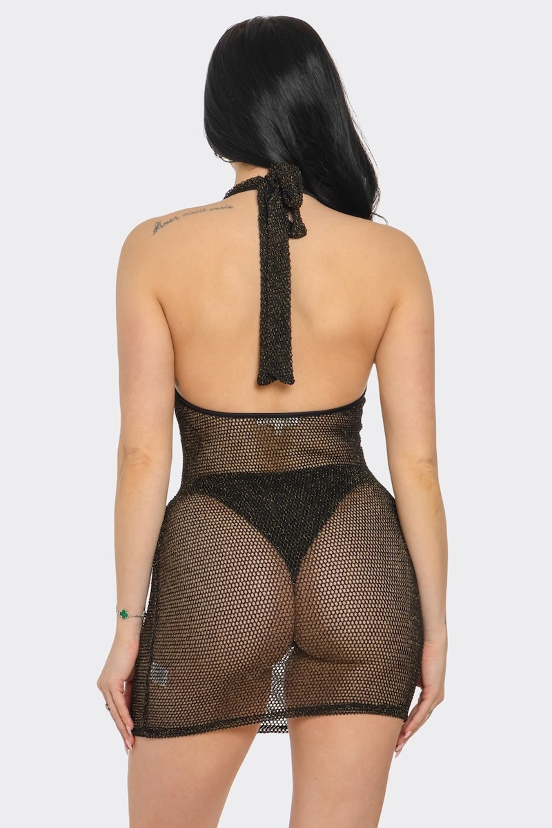 Lurex Fishnet Halter Mini Dress