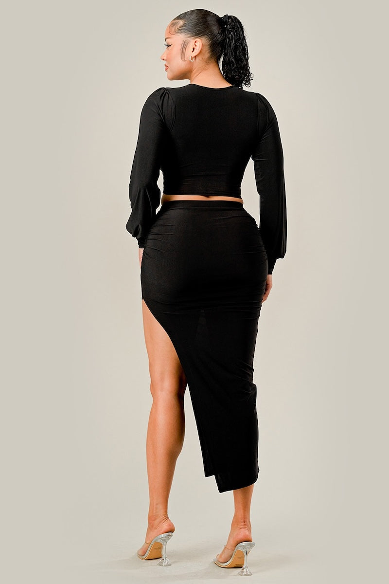Long Sleeve and Side Slit Midi Skirt Set - Black