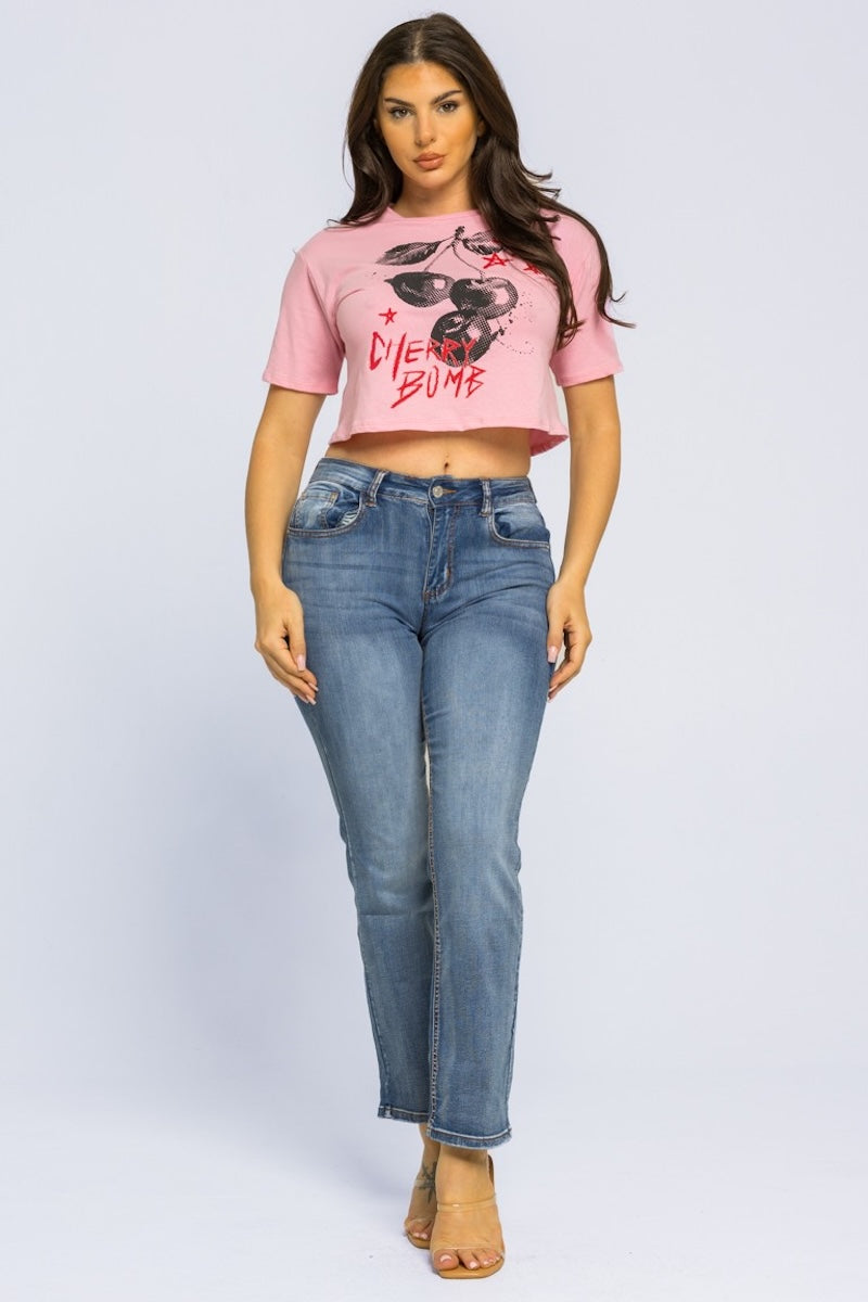 Cotton Loose Fit Ss Graphic Top - Pink