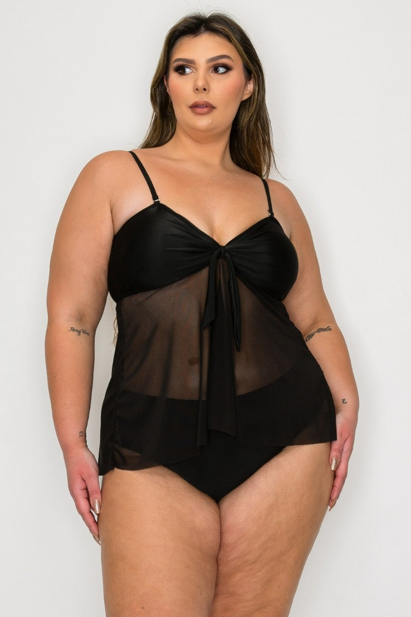Mesh Drape Top Bikini Set