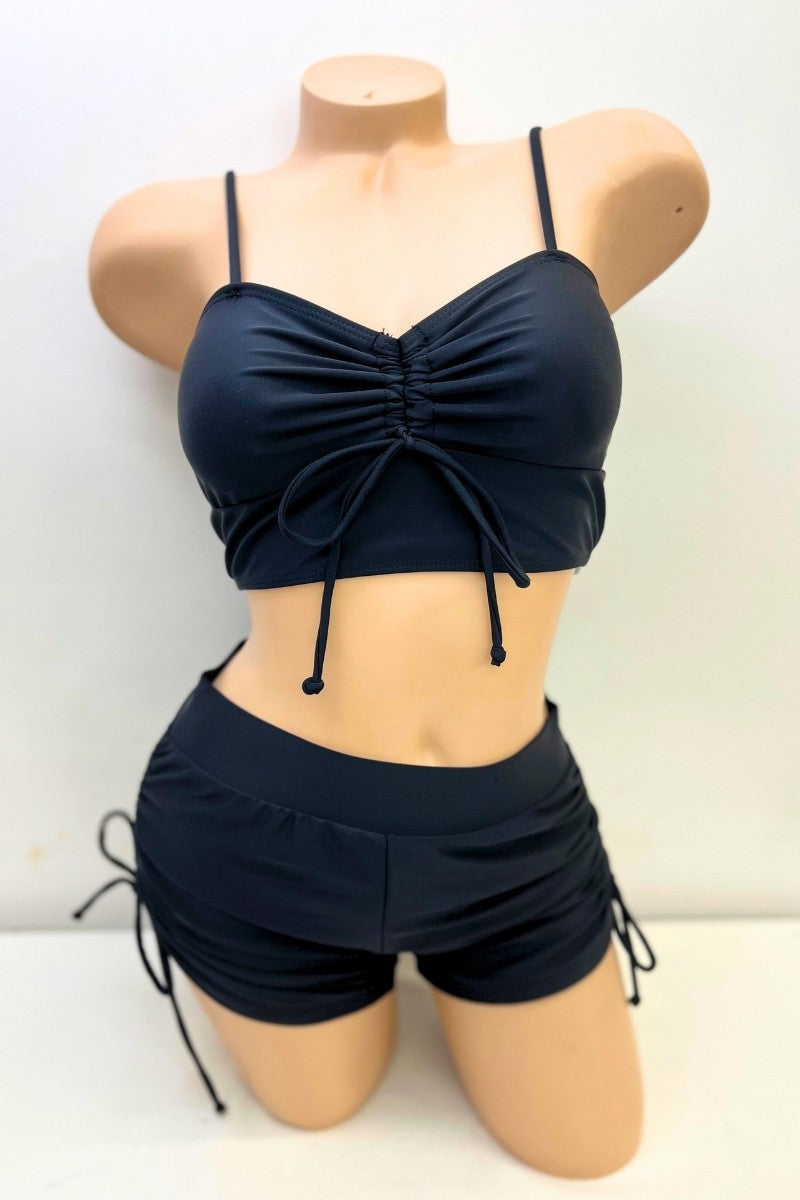 Ruched Bikini Set With Drawstring Shorts - Black
