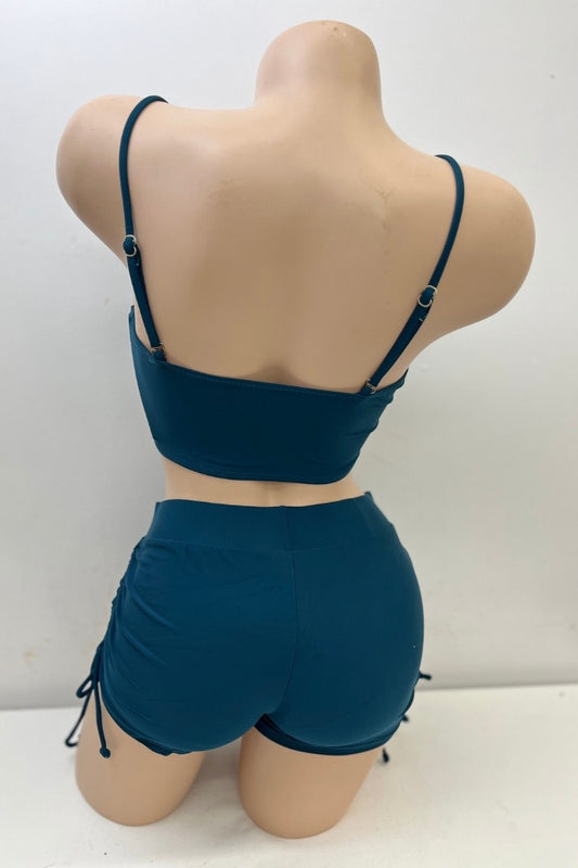 Ruched Bikini Set With Drawstring Shorts - Teal