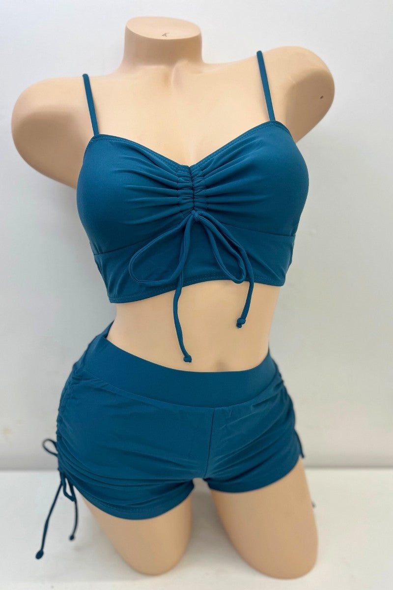 Ruched Bikini Set With Drawstring Shorts - Teal