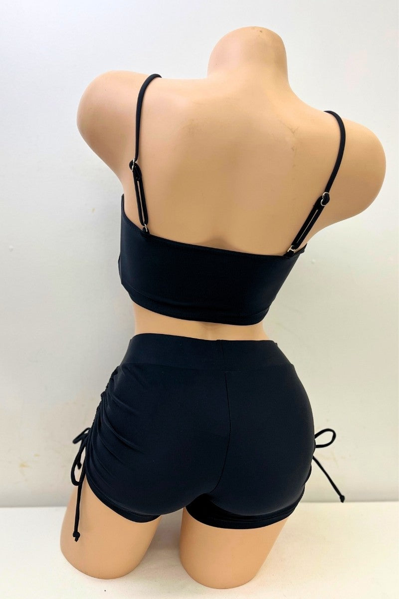 Ruched Bikini Set With Drawstring Shorts - Black